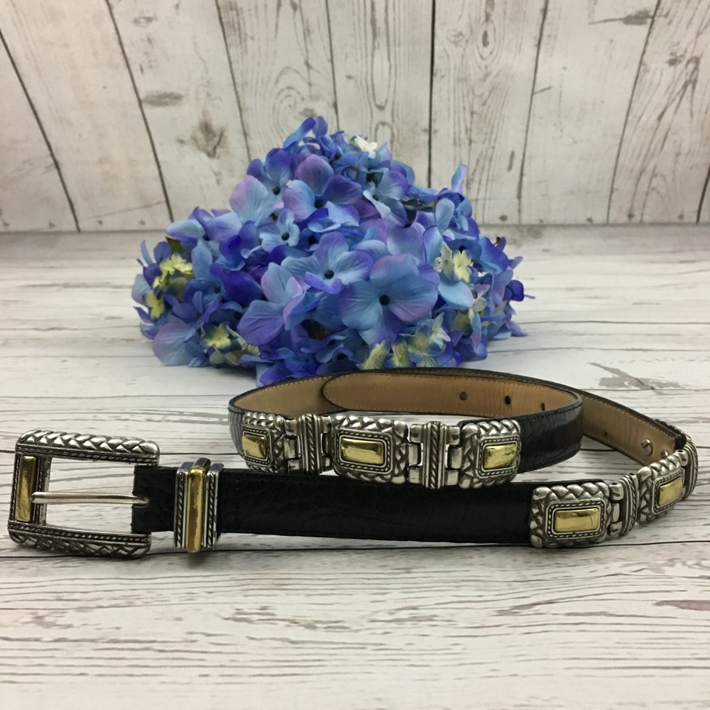 Brighton Black Leather Gold Silver Hardware Belt
